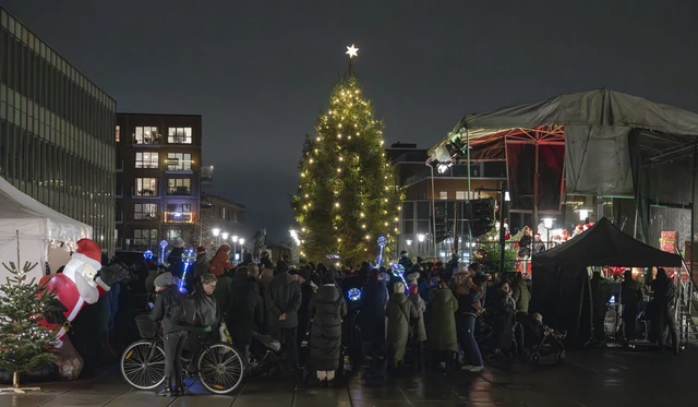 Stort juletræ med lys på rådhuspladsen i Rødovre.