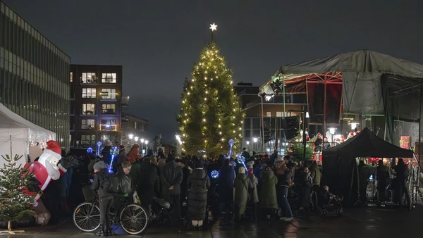 Stort juletræ med lys på rådhuspladsen i Rødovre.